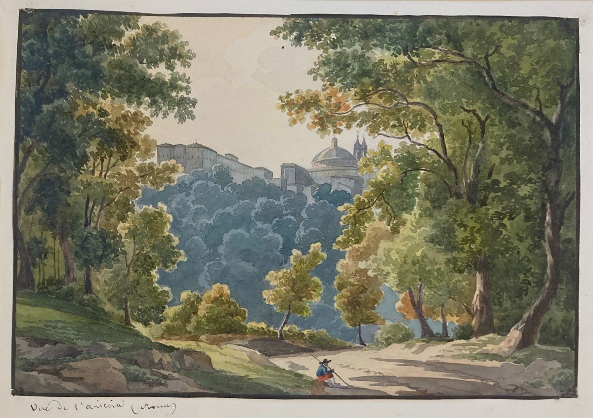 ECOLE FRANCAISE VERS 1820 " Vue de l'Ariccia, Rome" Aquarelle-photo-4
