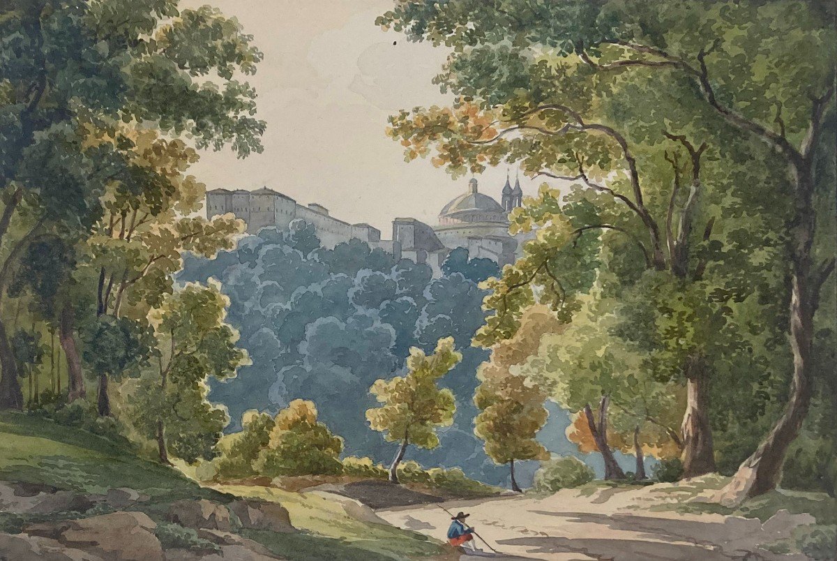 ECOLE FRANCAISE VERS 1820 " Vue de l'Ariccia, Rome" Aquarelle
