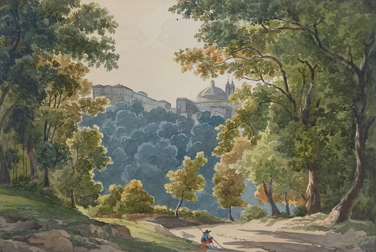 French School Circa 1820 "view Of Ariccia, Rome" Watercolor