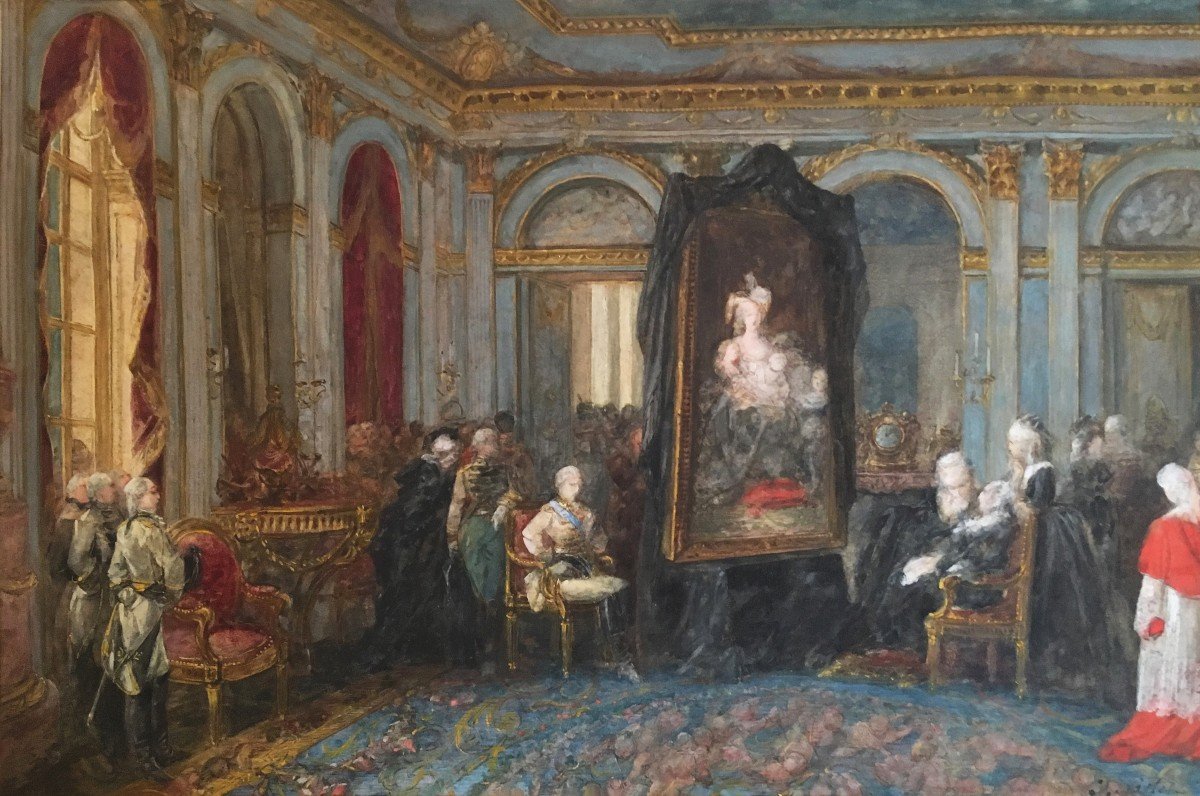 NAVLET Joseph (1821-1889) "Présentation/tableau Mme VIGEE-LEBRUN à la famille royale" Aquarelle