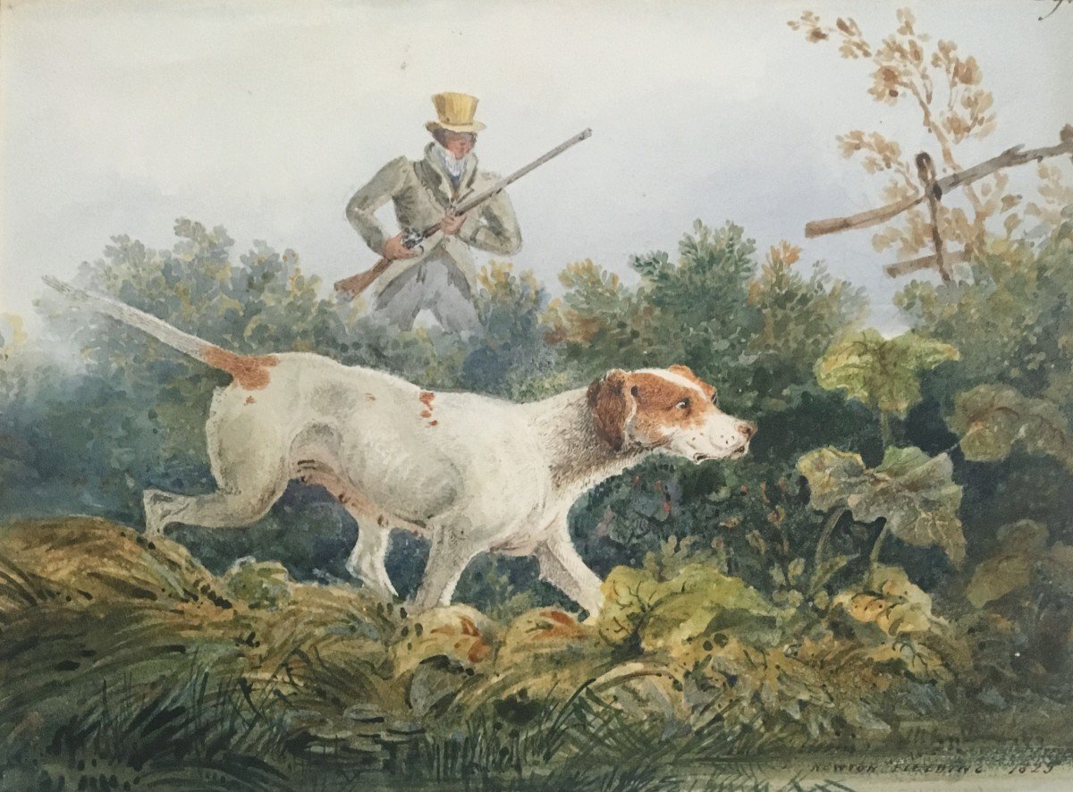 Fielding Newton (1799-1856) "hunter And His Dog" Watercolor, Signed And Dated