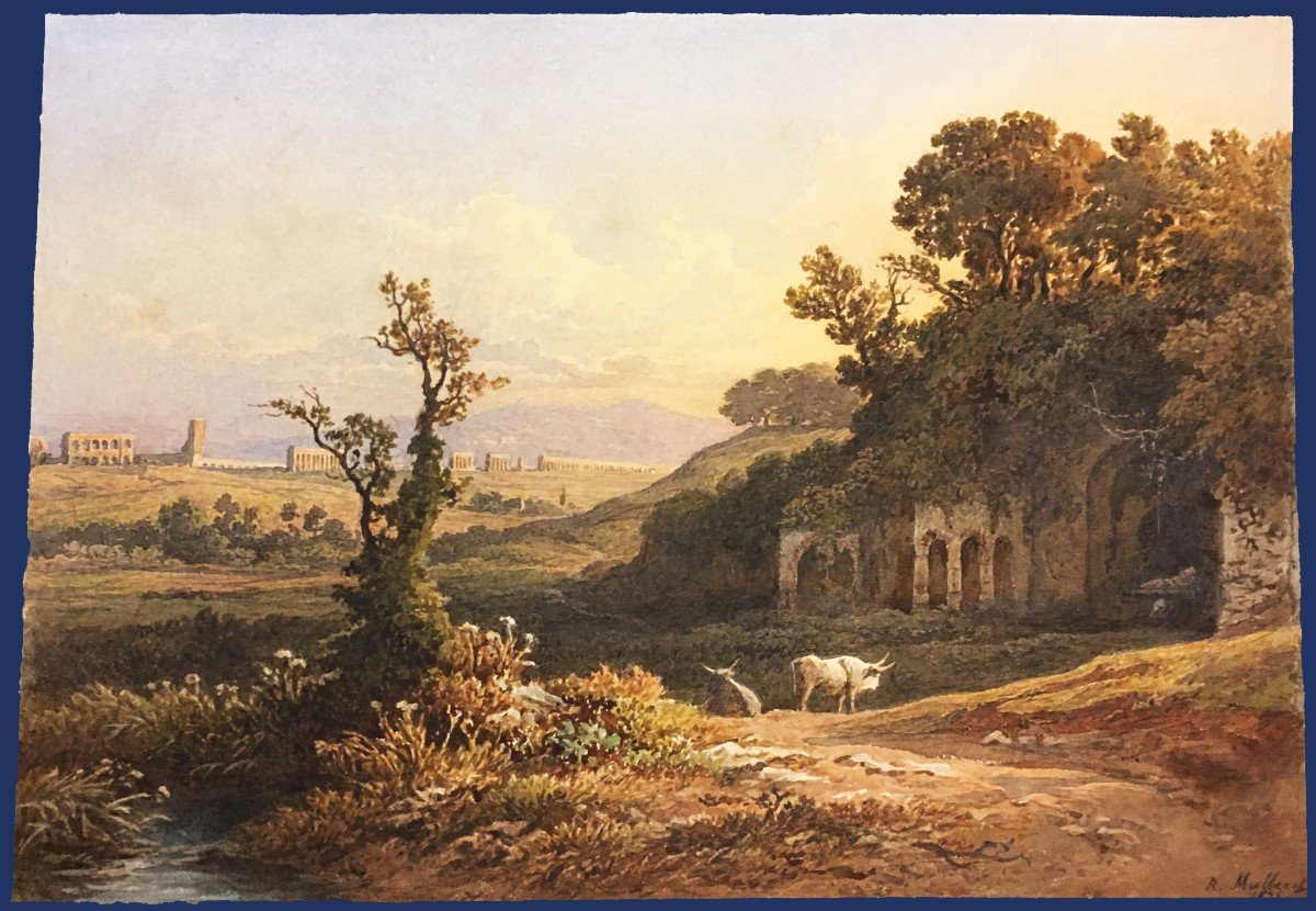 Muller Rudolf (1802-1885) "landscape Of Italy" Watercolor, Signed And Dated