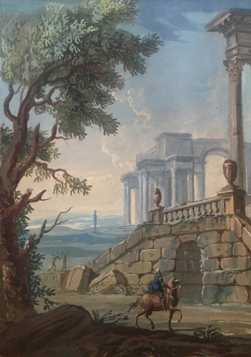 SERVANDONI Giovanni Nicolas (1695-1766), Attr. à "Architecture avec cavalier" Gouache,Cadre 18e-photo-2
