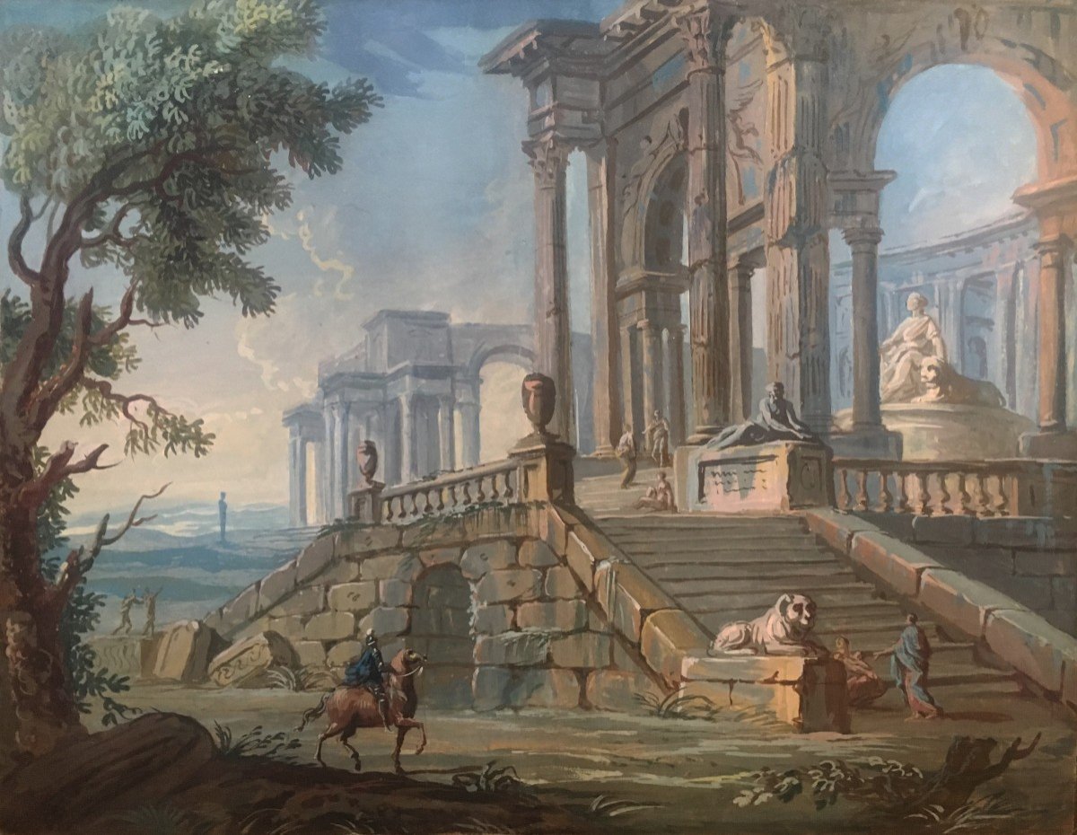 SERVANDONI Giovanni Nicolas (1695-1766), Attr. à "Architecture avec cavalier" Gouache,Cadre 18e