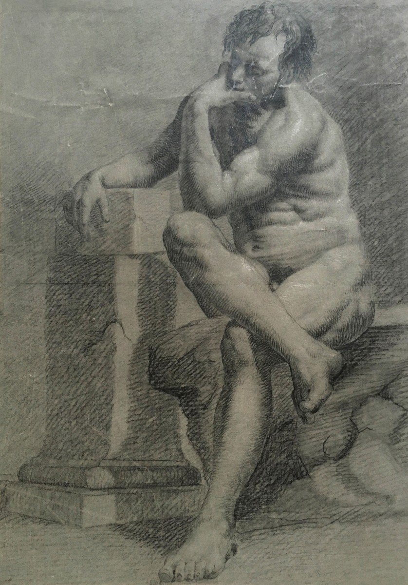 Petit De Villeneuve Claude (1760-1824)attr. To "academy Of Man"drawing/black Chalk, White Chalk