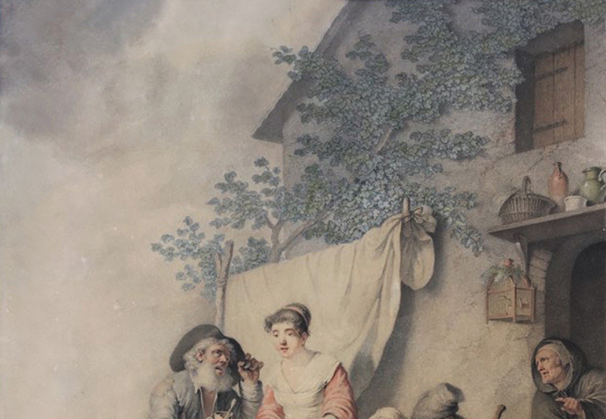 Wille Pierre Alexandre (1748-1821) "the Peasants" Drawing In Black Chalk And Watercolor-photo-2