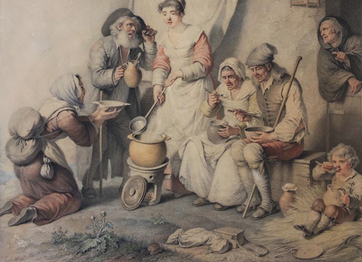 Wille Pierre Alexandre (1748-1821) "the Peasants" Drawing In Black Chalk And Watercolor-photo-3