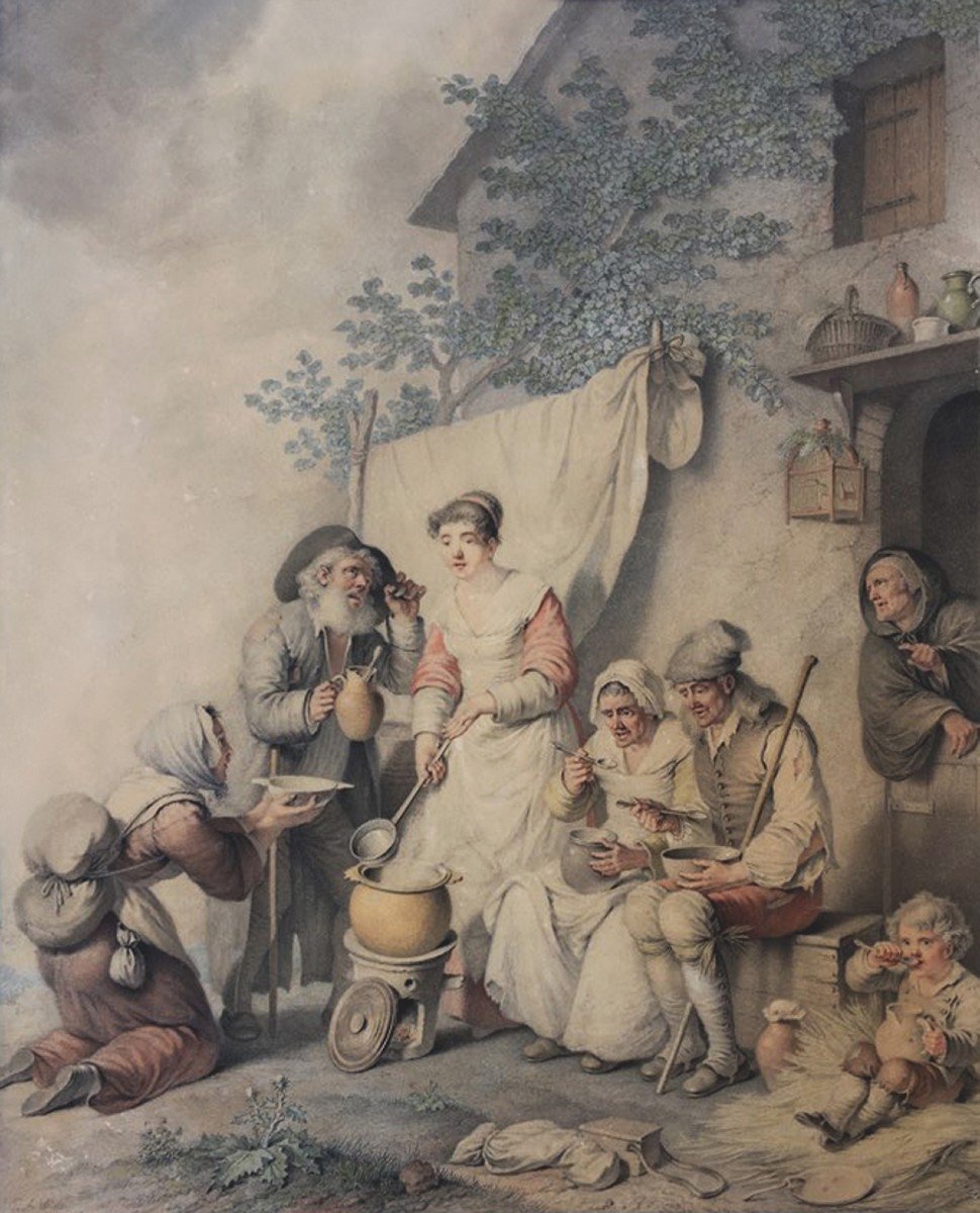 Wille Pierre Alexandre (1748-1821) "the Peasants" Drawing In Black Chalk And Watercolor