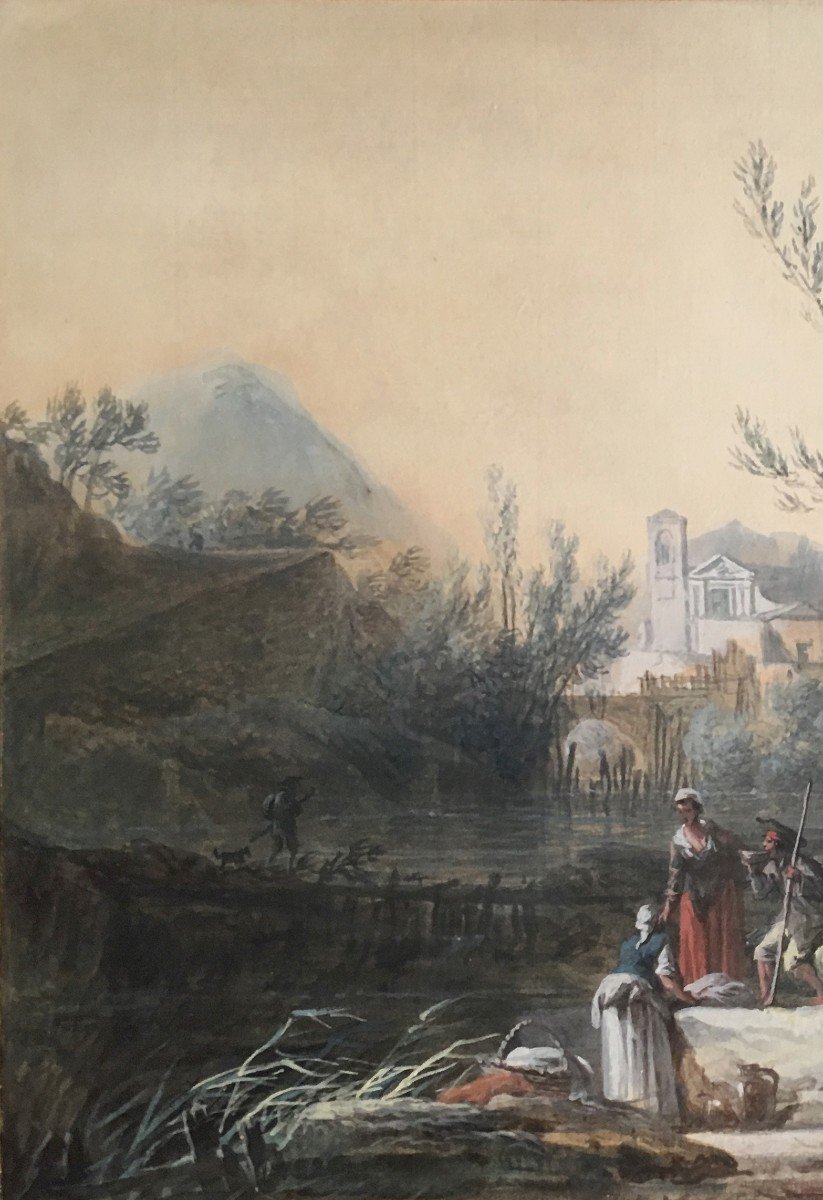 NOEL Alexandre Jean (1752-1843) "Personnages au bord d'une rivière", Gouache-photo-2