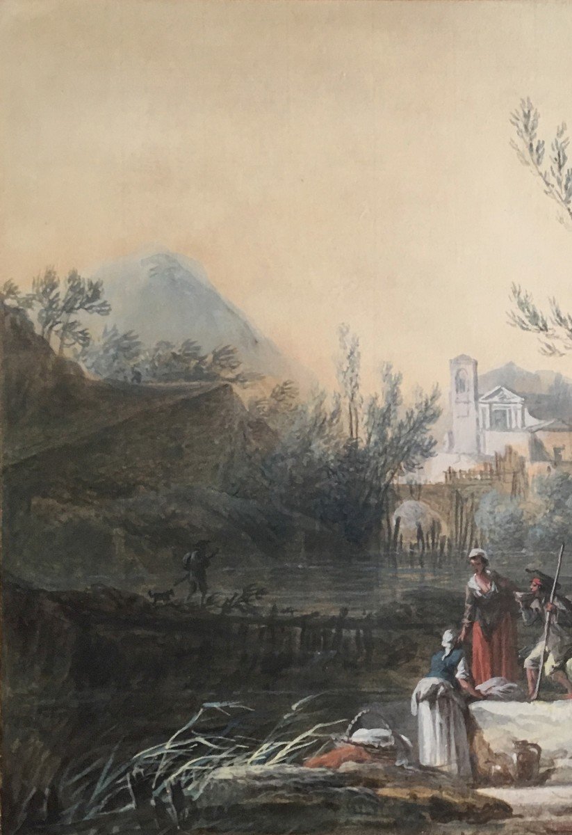 Noel Alexandre Jean (1752-1843) "characters At The Edge Of A River", Gouache-photo-2