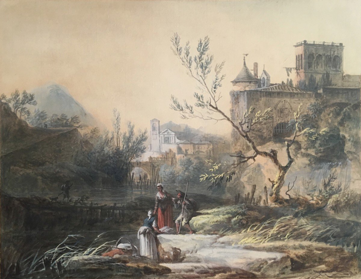 NOEL Alexandre Jean (1752-1843) "Personnages au bord d'une rivière", Gouache