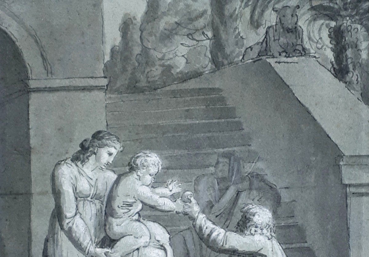 French School 18th Century "mythological Scene" Drawing/pen, Gray Wash And White Gouache-photo-2