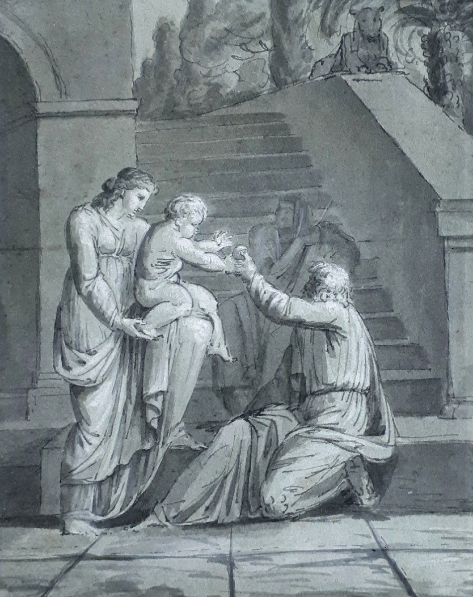 French School 18th Century "mythological Scene" Drawing/pen, Gray Wash And White Gouache