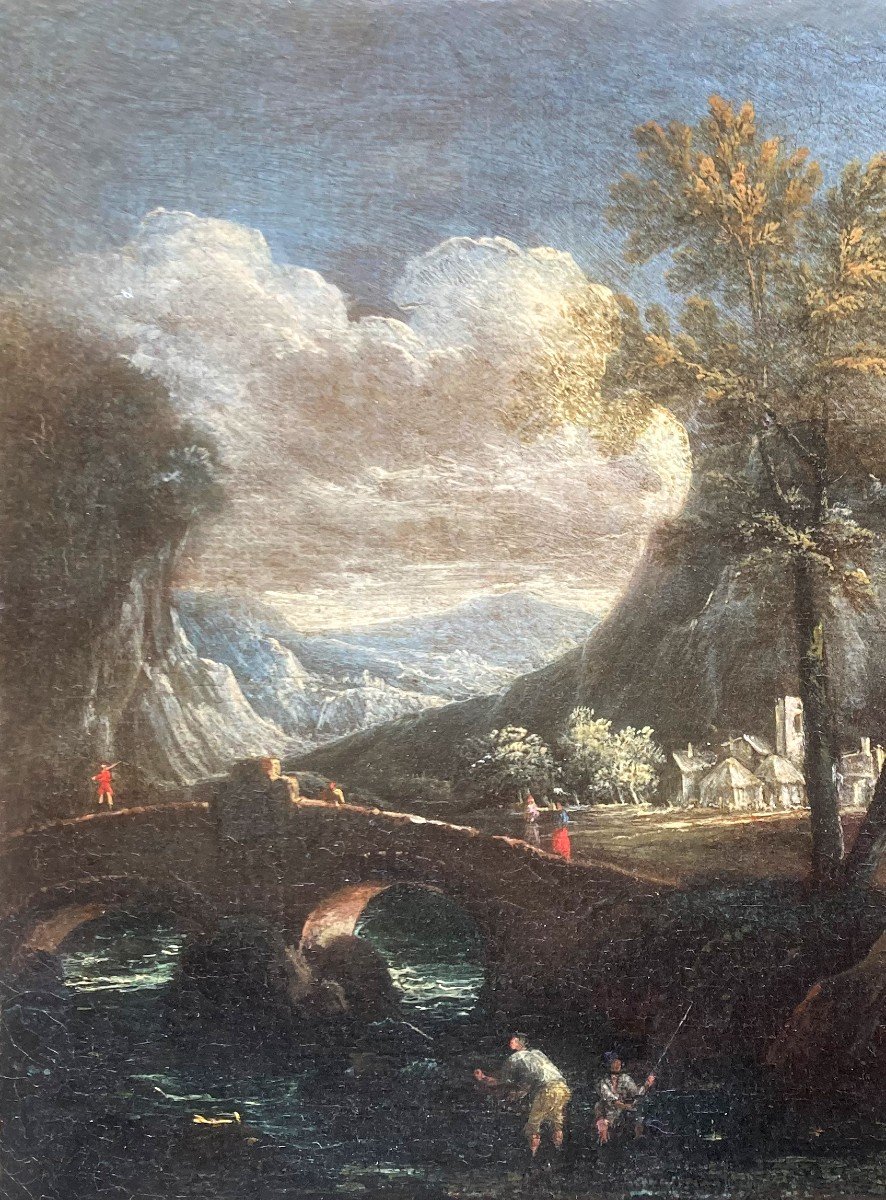 ECOLE ITALIENNE 17E SIECLE "Paysage animé" Huile sur toile-photo-2