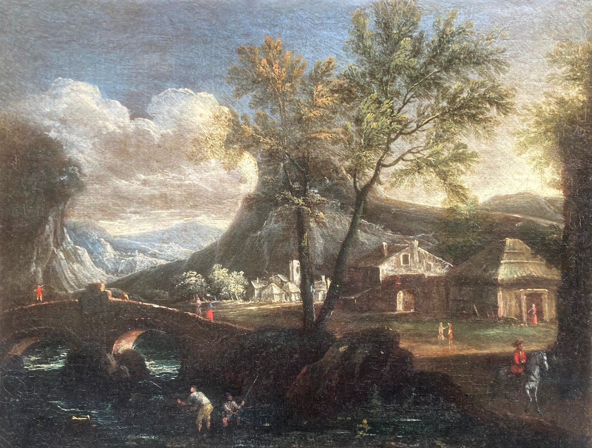 ECOLE ITALIENNE 17E SIECLE "Paysage animé" Huile sur toile