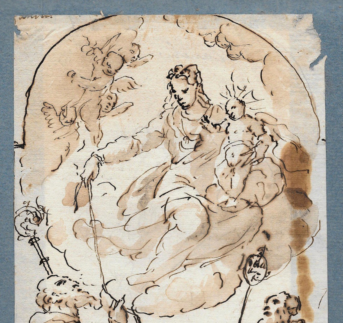 ECOLE ITALIENNE VERS 1700 "Vierge à l'enfant entourée de Saints" Dessin/Plume et lavis brun-photo-2