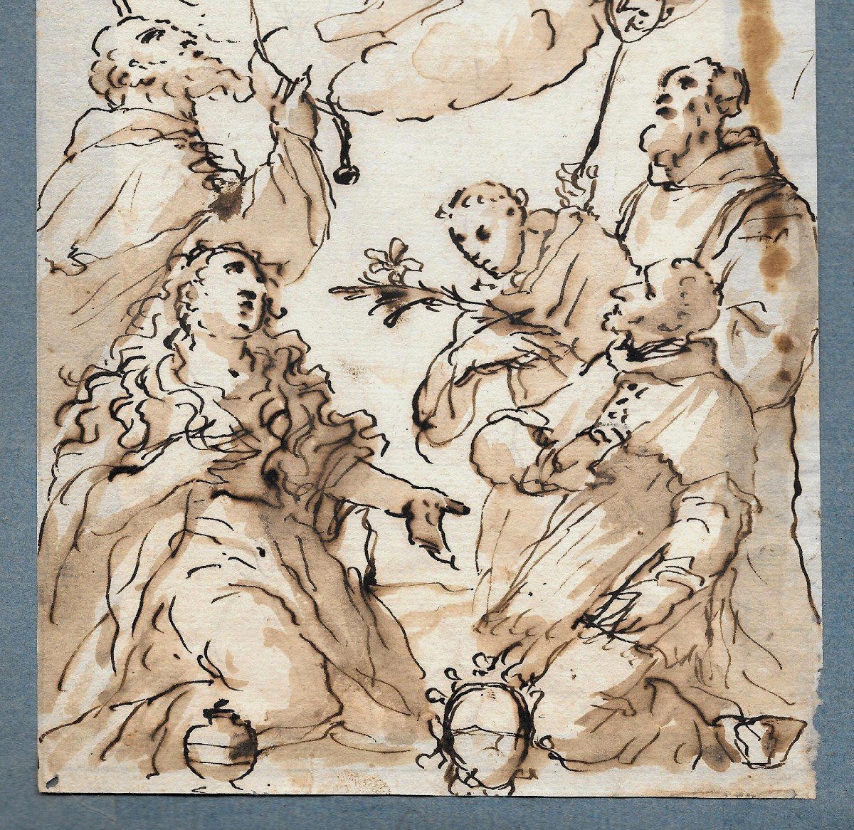 Italian School Circa 1700 "virgin Mary And Child With Saints" Drawing/pen, Brown Wash-photo-3