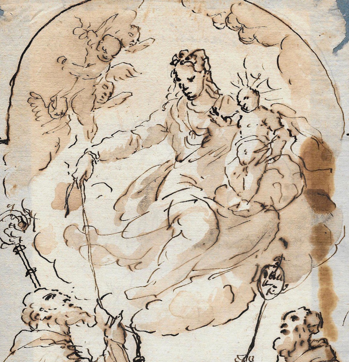 ECOLE ITALIENNE VERS 1700 "Vierge à l'enfant entourée de Saints" Dessin/Plume et lavis brun-photo-4