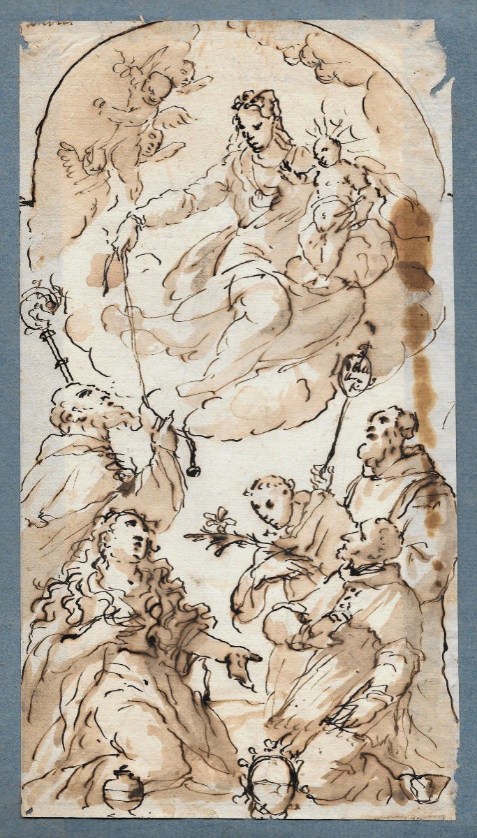 ECOLE ITALIENNE VERS 1700 "Vierge à l'enfant entourée de Saints" Dessin/Plume et lavis brun