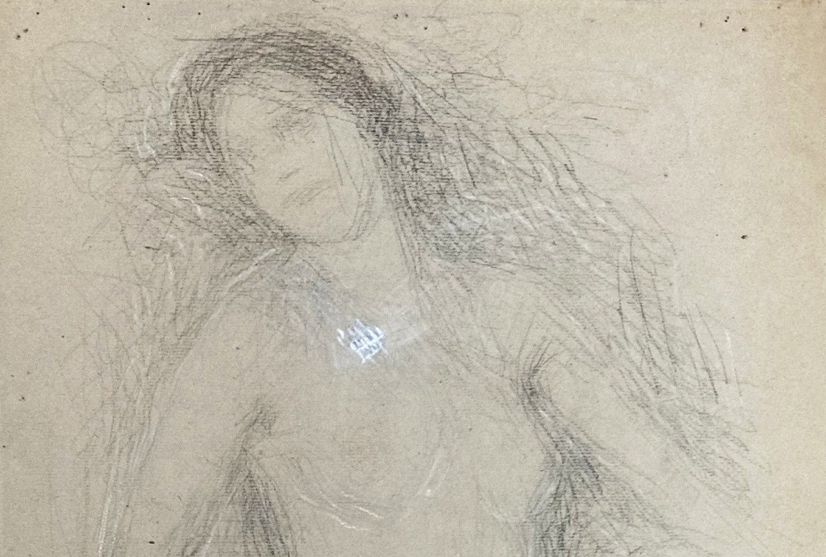 Laurent Ernest (1859-1929) "seated Nude Woman" Drawing/black Pencil And White Chalk, Monogram-photo-2