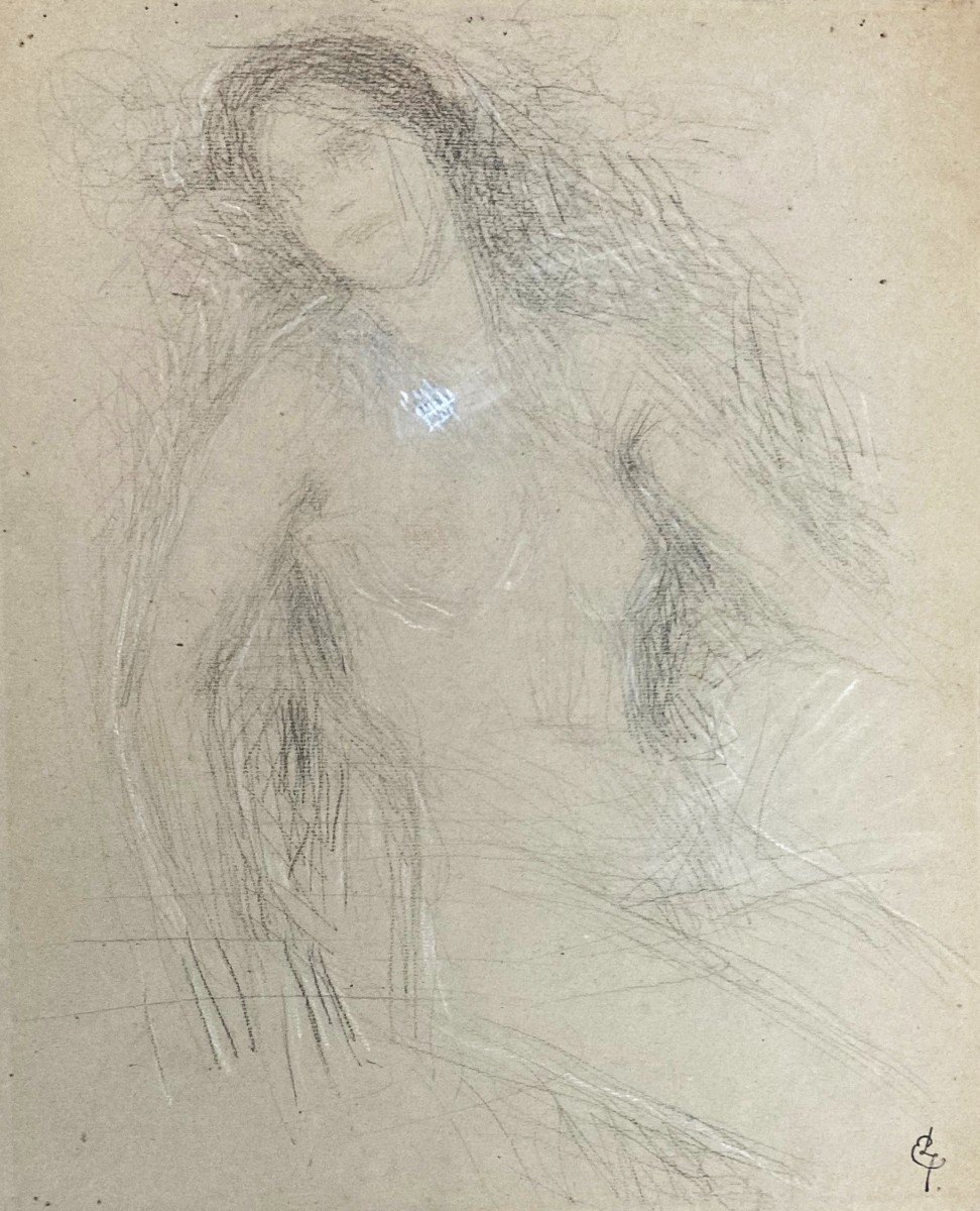 Laurent Ernest (1859-1929) "seated Nude Woman" Drawing/black Pencil And White Chalk, Monogram