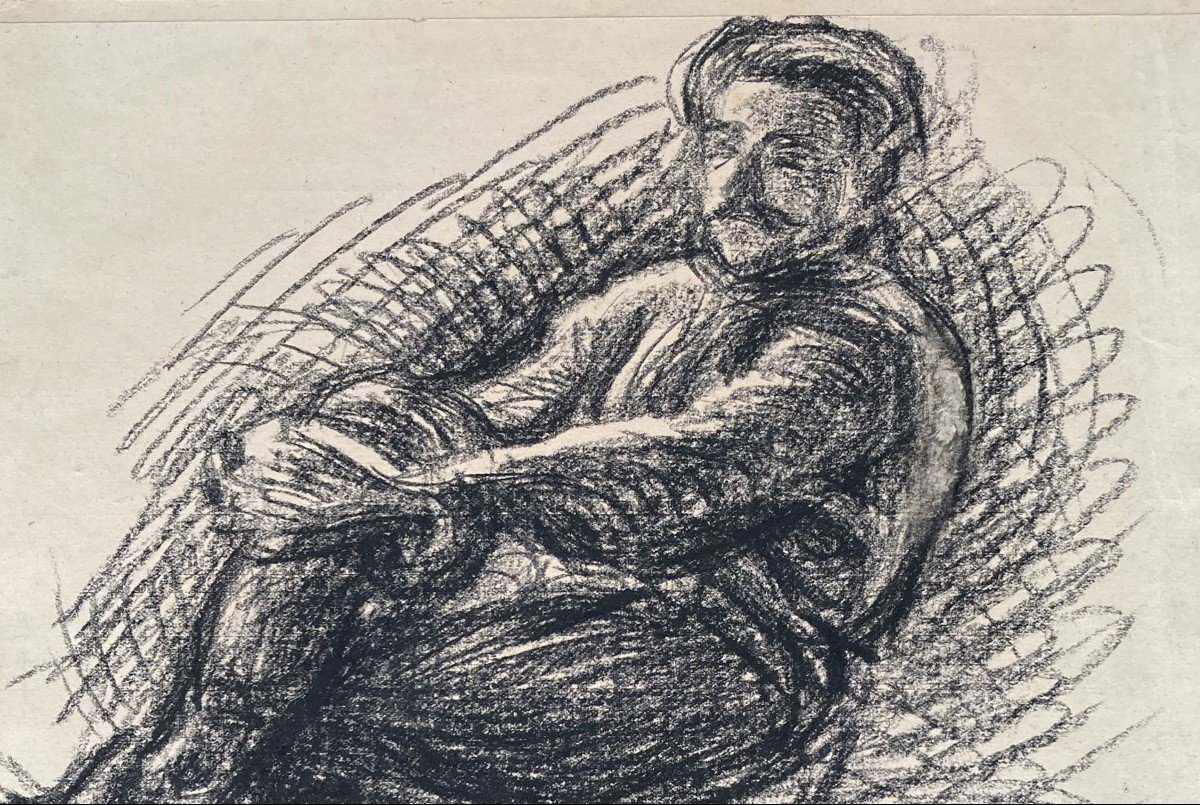 Steinlen Théophile Alexandre (1859-1923) "seated Man" Drawing In Black Pencil, Signed-photo-2