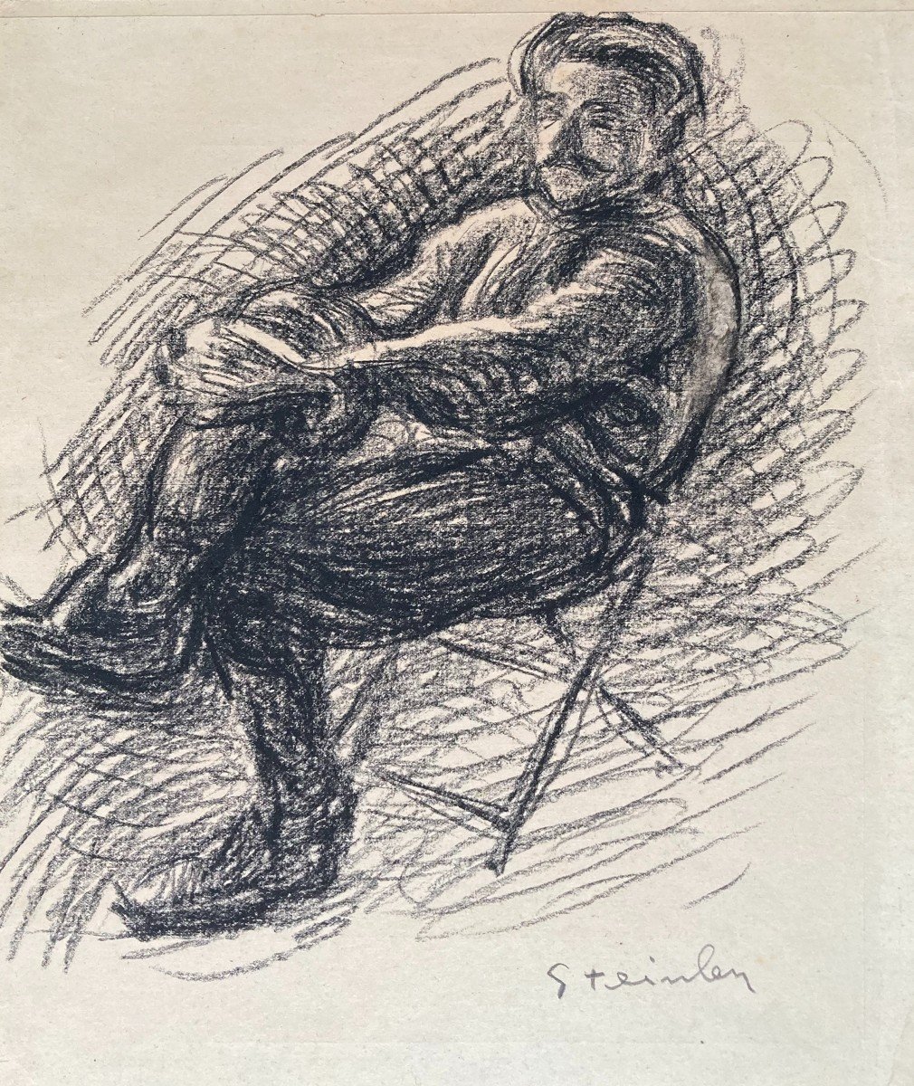 Steinlen Théophile Alexandre (1859-1923) "seated Man" Drawing In Black Pencil, Signed