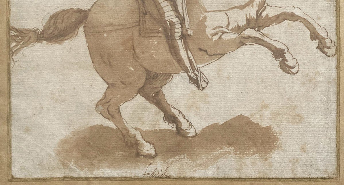 Italian School 17th Century "a Marshal On Horseback" Drawing In Pen And Brown Wash-photo-3
