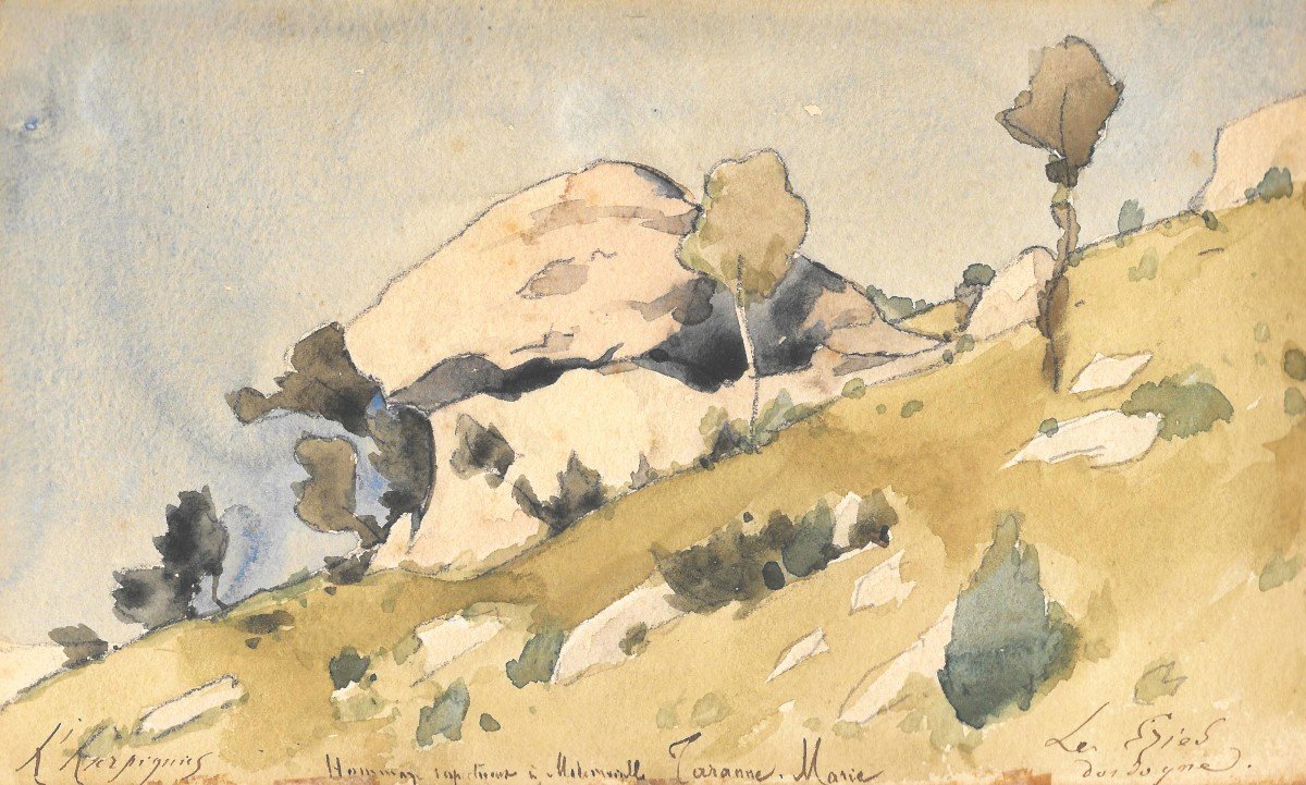 HARPIGNIES Henri Joseph (1819-1916) "Paysage aux rochers/Dordogne" Aquarelle,signé,situé, Envoi