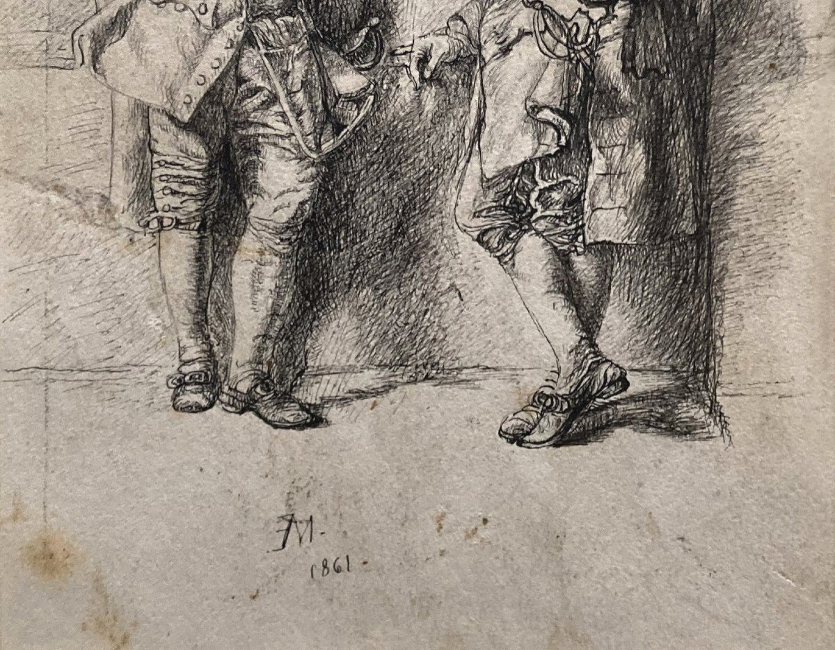 Meissonier Ernest (1815-1891) "musketeers" Drawing/pen, Monogrammed And Dated-photo-3