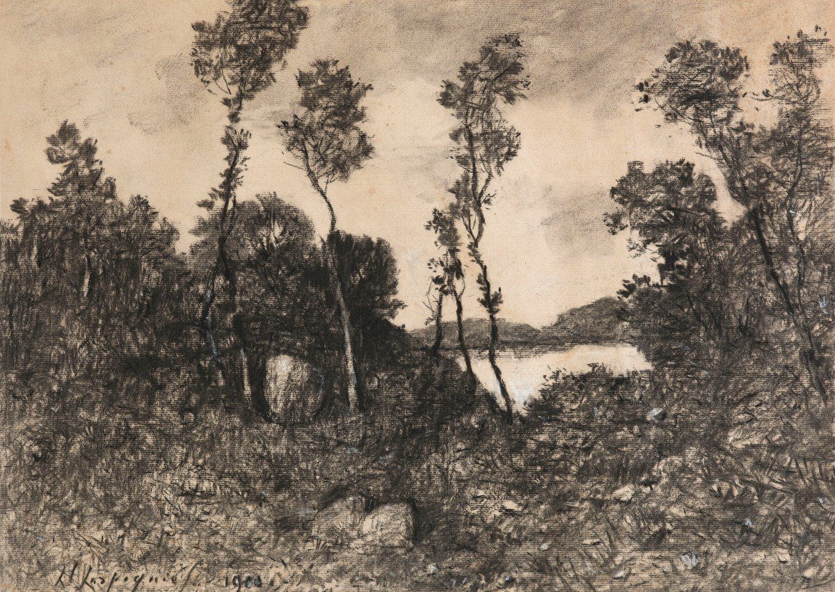 HARPIGNIES Henri (1819-1916) "Paysage Le Cap Martin" Dessin/Crayon noir et craie blanche, Signé