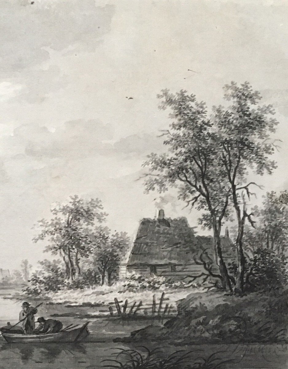 WICART Nicolas (1748-1815), Ecole Hollandaise "Paysage à la rivière" Dessin au lavis gris,Signé-photo-3