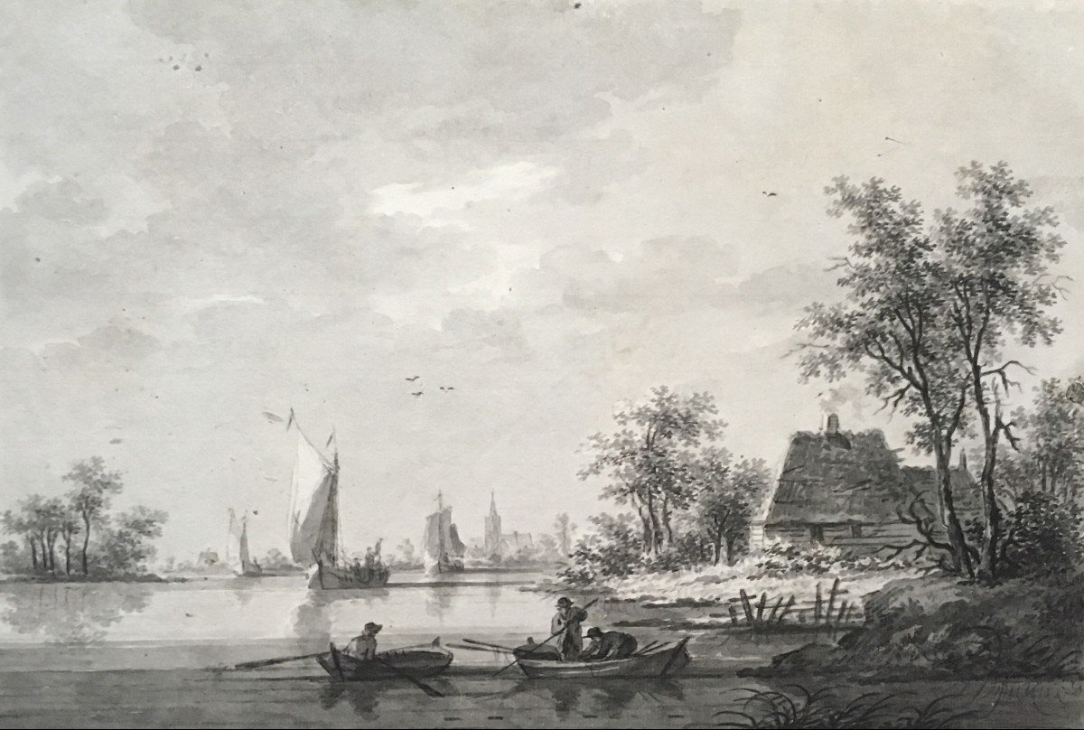 WICART Nicolas (1748-1815), Ecole Hollandaise "Paysage à la rivière" Dessin au lavis gris,Signé