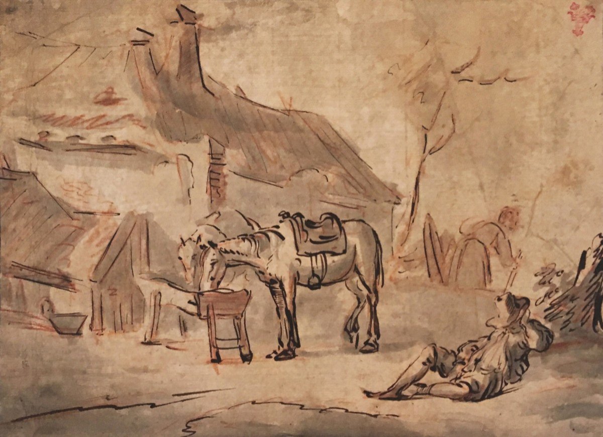 Flemish School 17th "sleeping Peasant And Horses" Drawing/pen, Grey Wash, Red Chalk, Provenance-photo-2