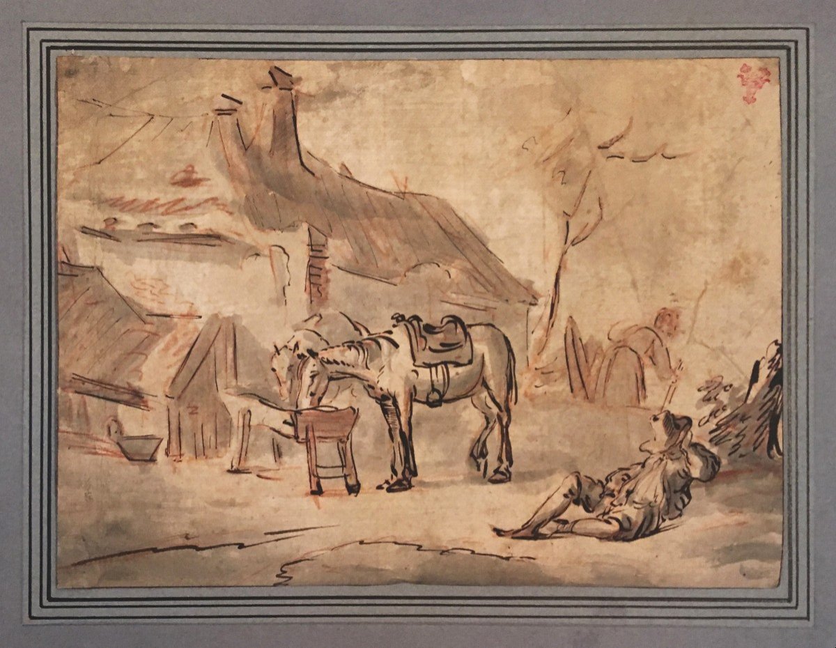 ECOLE DU NORD 17E SIECLE "Paysan endormi et chevaux" Dessin/Plume, lavis, sanguine, Provenance