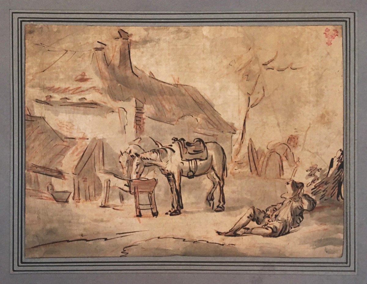 Flemish School 17th "sleeping Peasant And Horses" Drawing/pen, Grey Wash, Red Chalk, Provenance