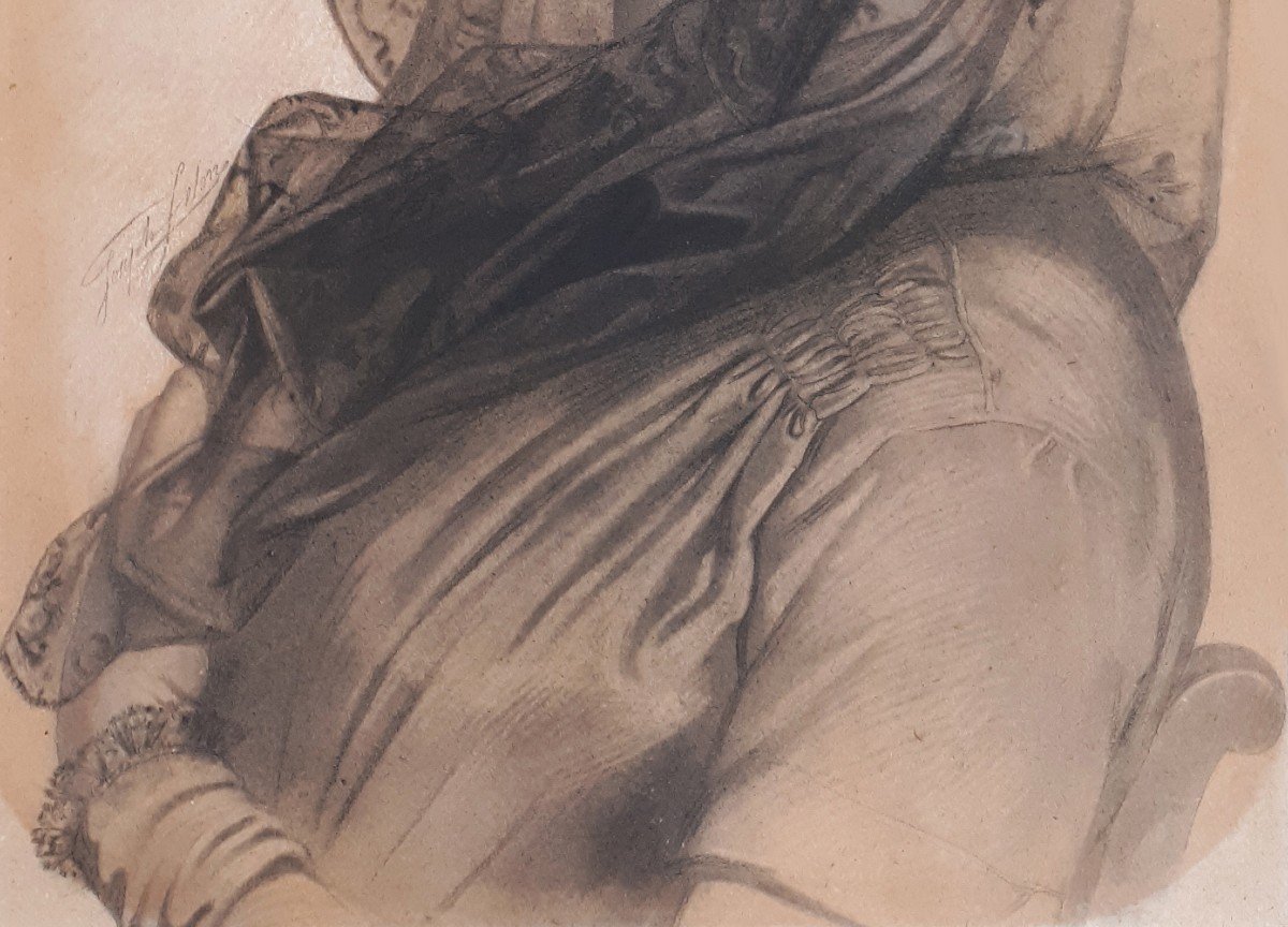 Felon Joseph (1818-1896) "portrait Of A Woman" Drawing In Black Pencil And Pastel, Signed-photo-3