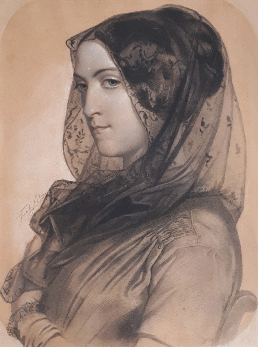 Felon Joseph (1818-1896) "portrait Of A Woman" Drawing In Black Pencil And Pastel, Signed