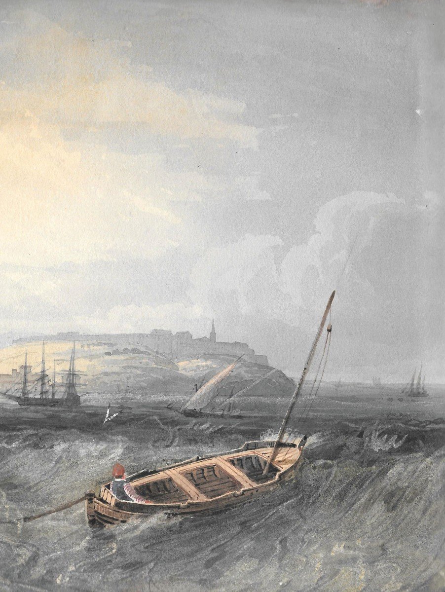 FIELDING Newton (1799-1856) Ecole Anglaise "Ponte Longone, Ile d'Elbe" Aquarelle, annotée-photo-3