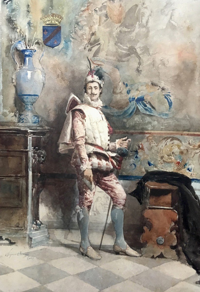 Simoni Scipione (1853-1918) "a Count" Watercolor, Signed And Located