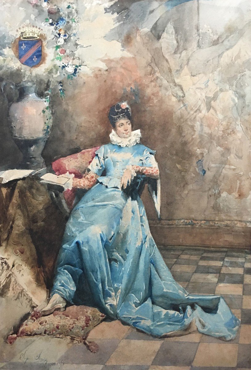 Simoni Scipionesimoni Scipione (1853-1918) "a Countess" Watercolor, Signed, Located