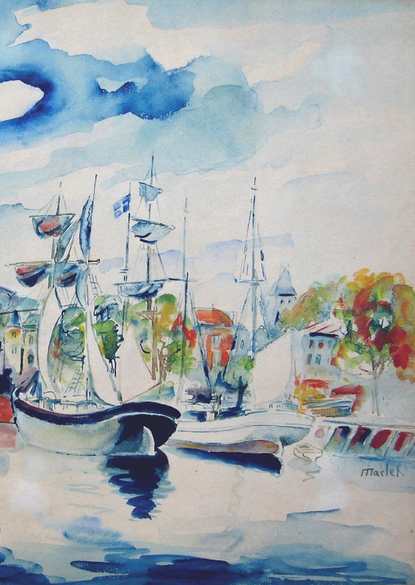 MACLET Elisée (1881-1962) "Scène de port" Aquarelle, signé-photo-3