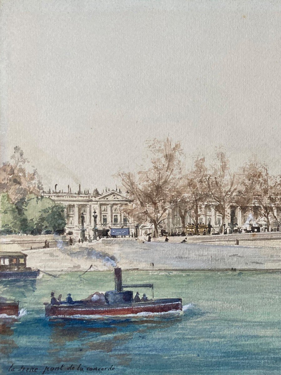 Dauphin Théodore (1849-1917) "the Seine, Pont De La Concorde" Watercolor, Signed And Dated-photo-2