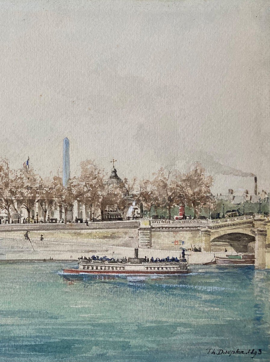 Dauphin Théodore (1849-1917) "the Seine, Pont De La Concorde" Watercolor, Signed And Dated-photo-3