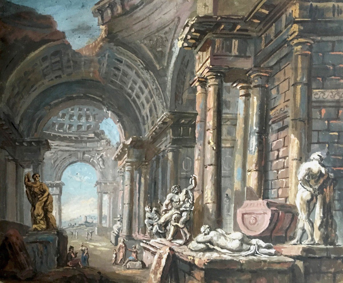 SERVANDONI Giovanni Nicolas (1695-1766) Attr. à, "Architecture de fantaisie" Gouache, Cadre 19e-photo-2