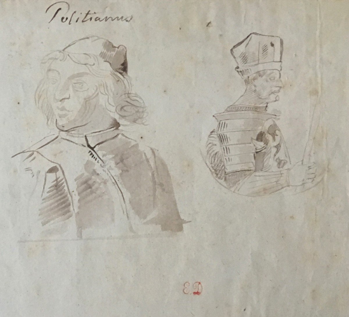 Delacroix Eugène (1798-1863) "study Of Heads (ange Politien)" Drawing/pen, Brown Wash, Stamp-photo-4