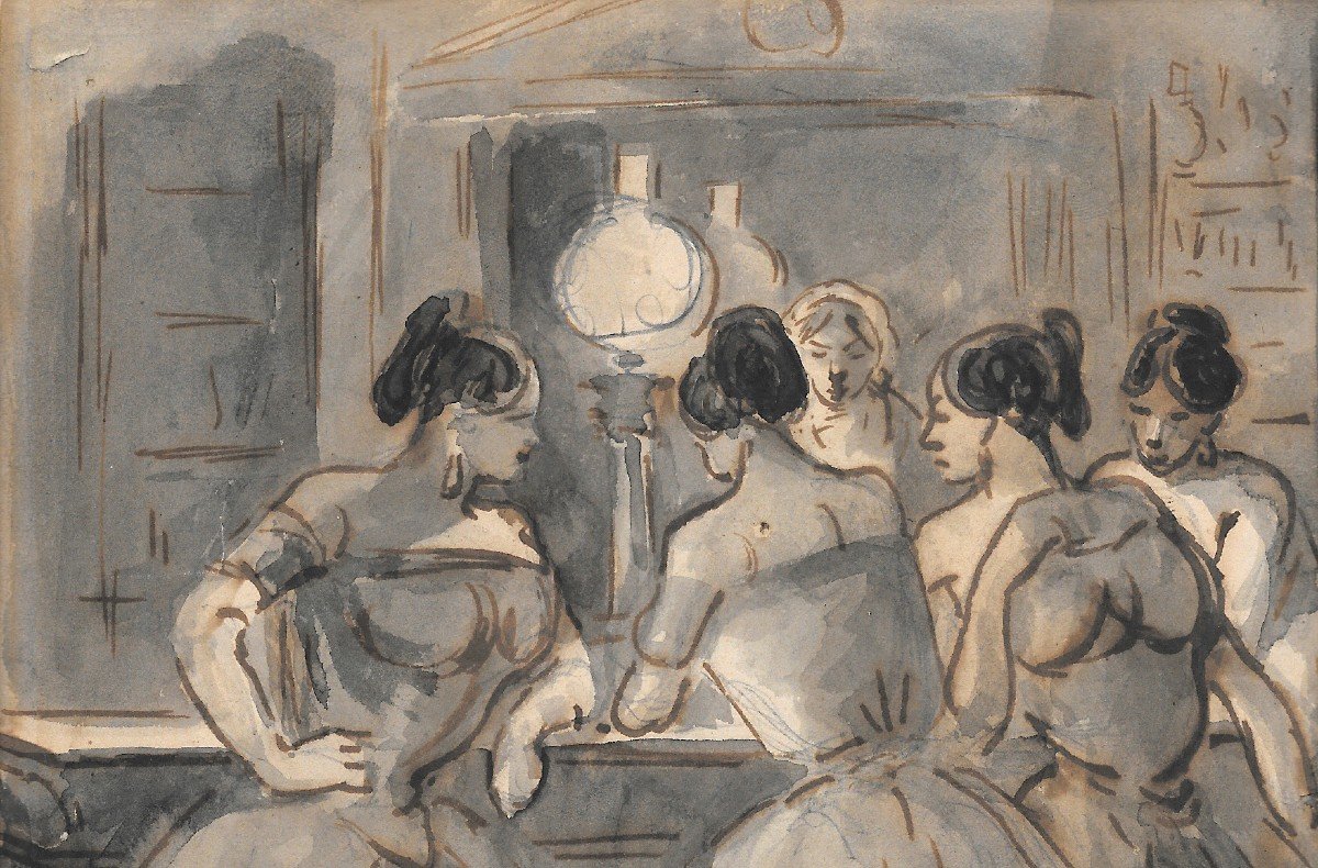 GUYS Constantin (1802-1892) "Les Lorettes" Dessin à la plume et au lavis gris-photo-2
