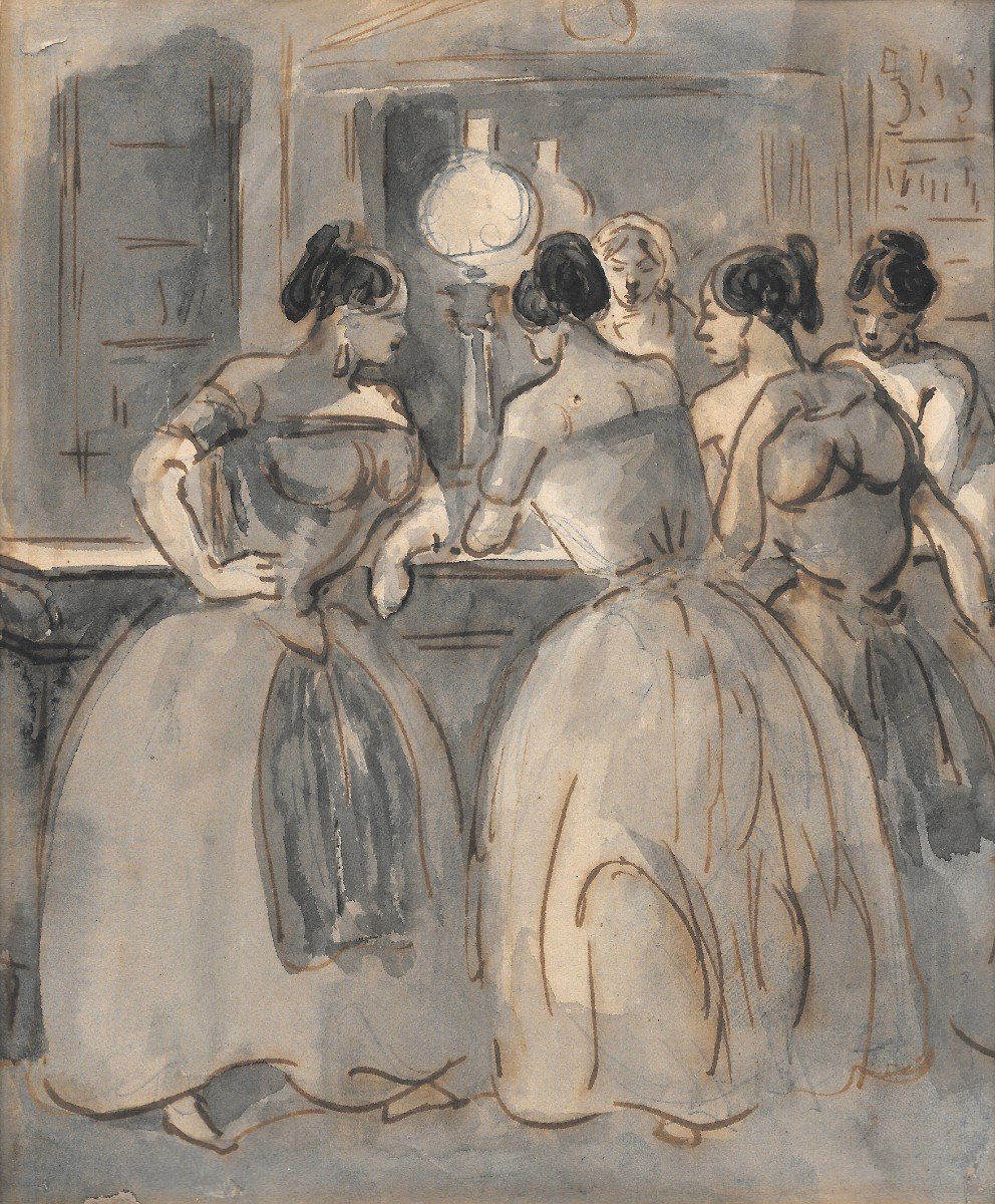 GUYS Constantin (1802-1892) "Les Lorettes" Dessin à la plume et au lavis gris