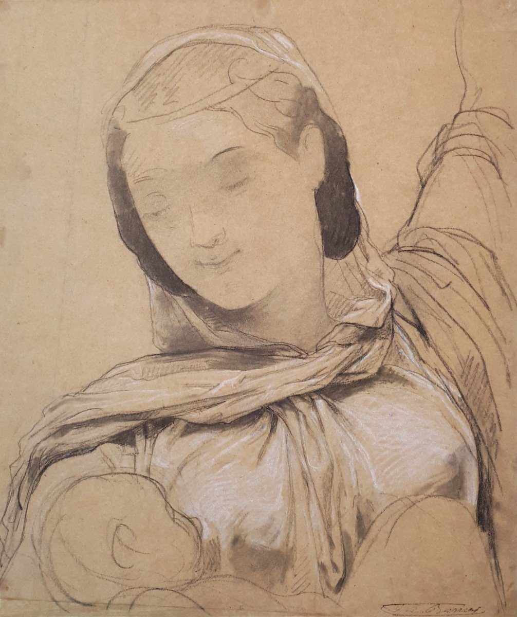 BARRIAS Félix (1822-1907) "Femme et enfant" Dessin au crayon noir et craie blanche, Cachet