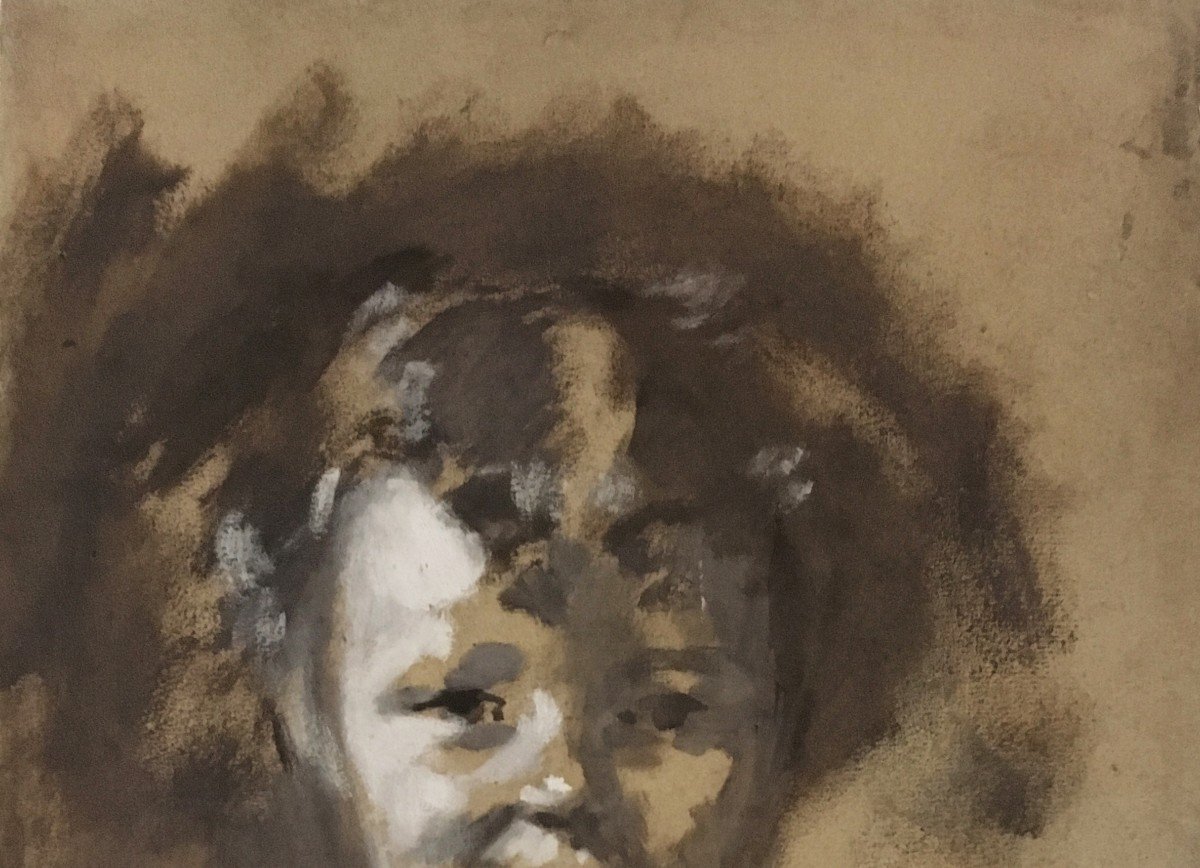 CARRIÈRE Eugène (1849-1906) "Tête d'enfant" Dessin à l'aquarelle et gouache blanche, signé-photo-2